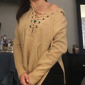 Tie-Up Tan Sweater w/ Hood